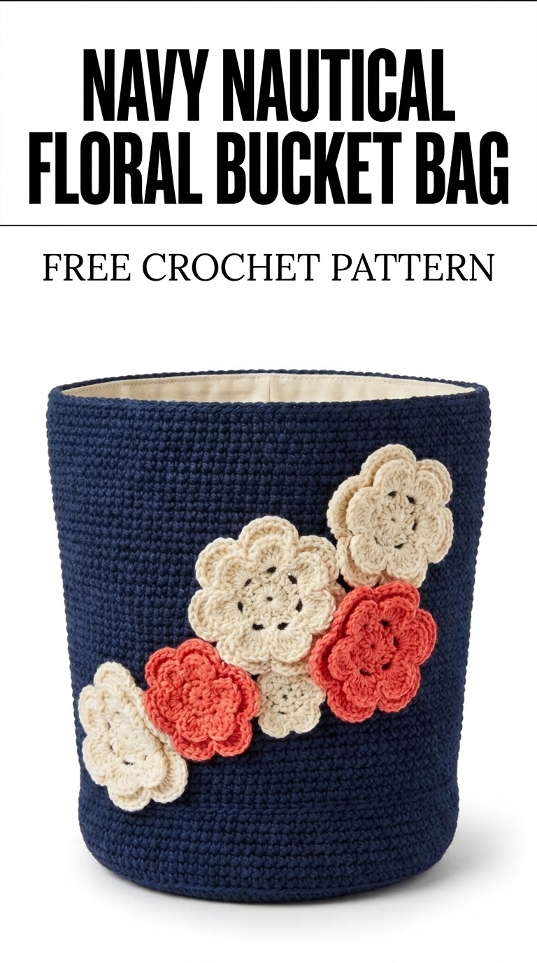 Navy Nautical Floral Bucket Bag Free Crochet Pattern